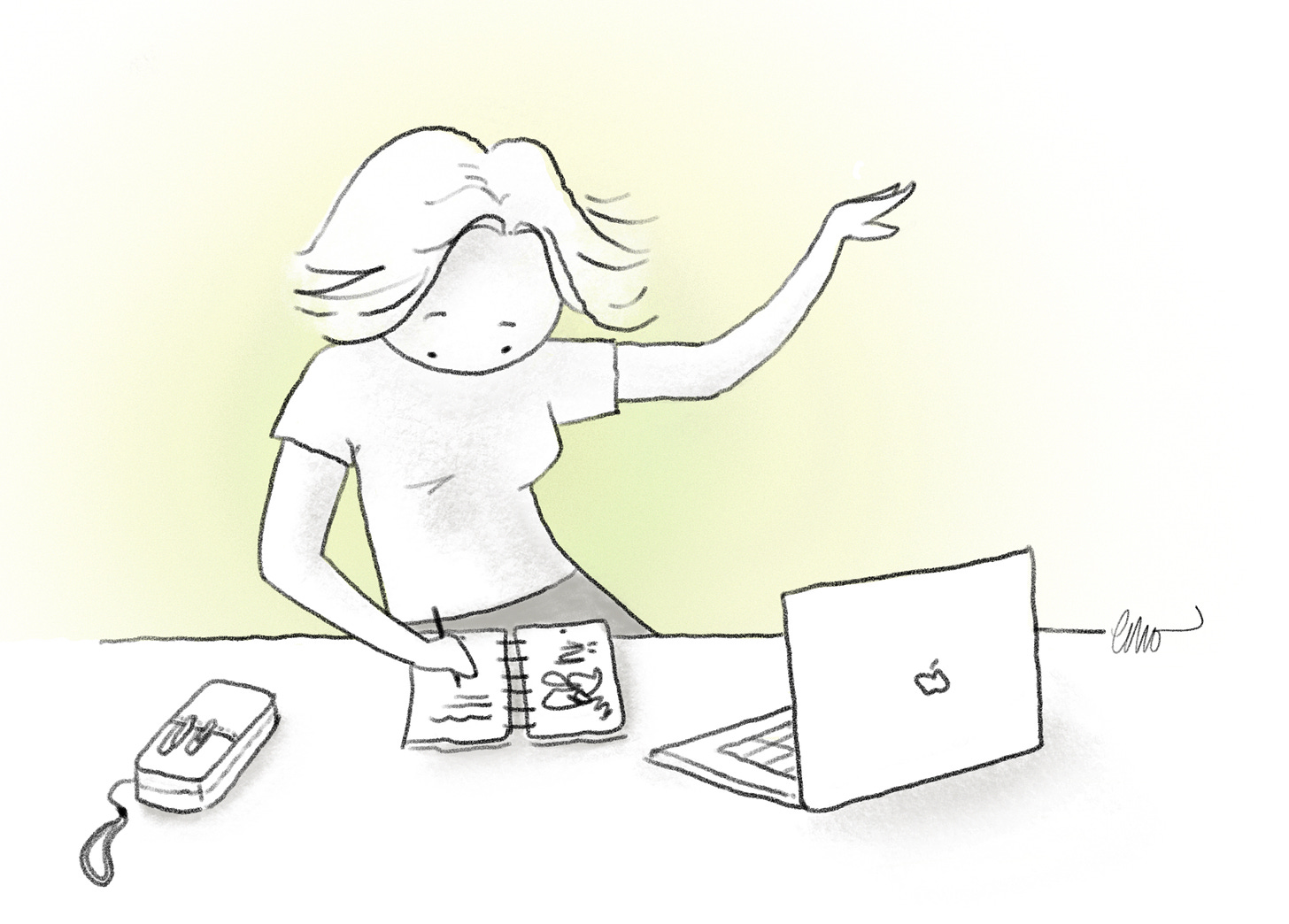 Digital cartoon pencil drawing of a woman standing at her desk, writing in a discbound notebook. A pencil case and an open Mac laptop are also on the desk.