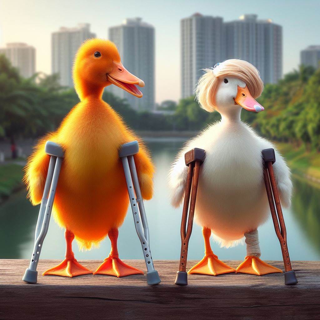 ducks on crutches one orange, one blonde