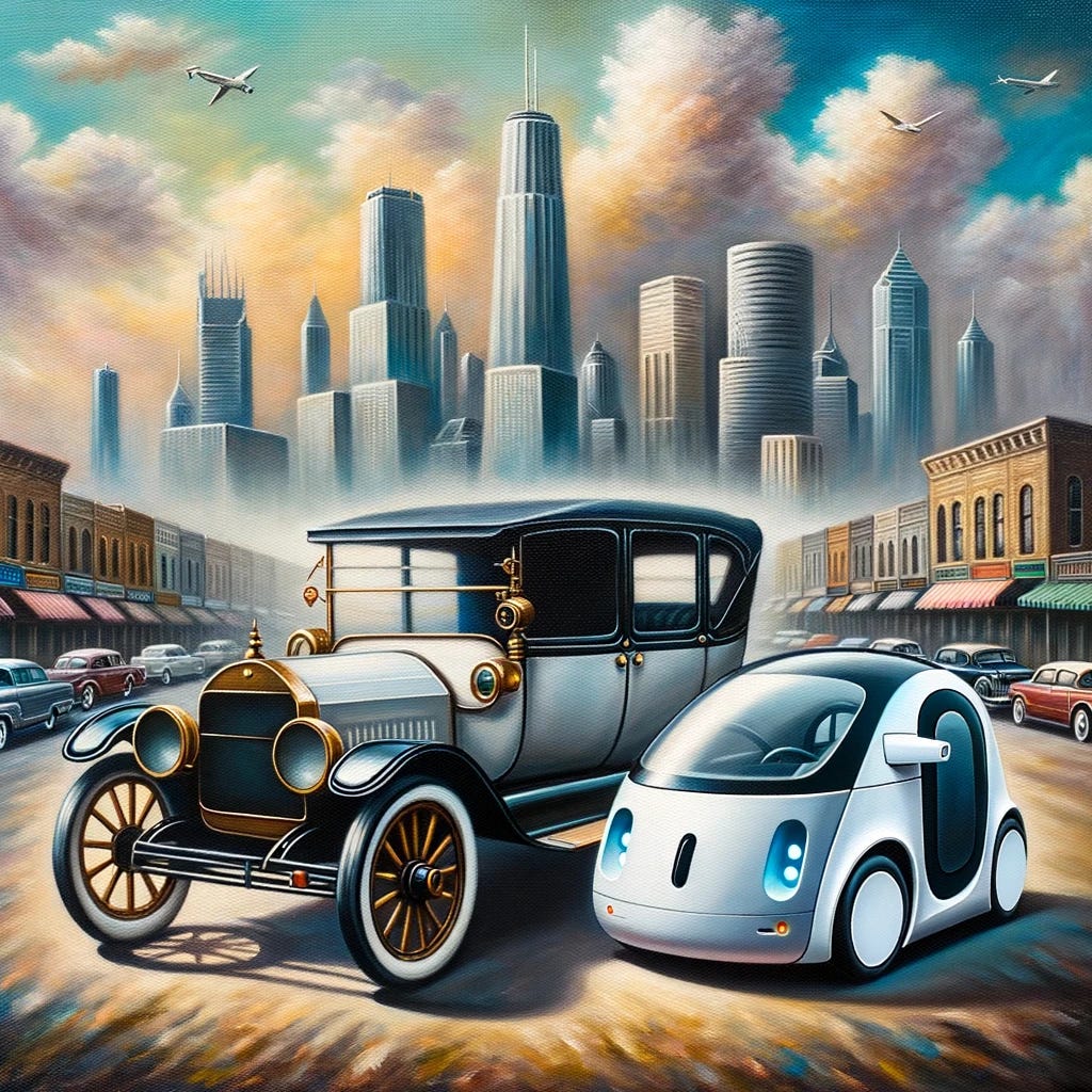 Oil painting of a traditional car juxtaposed with a sleek, modern driverless car to symbolize the evolution and competition in the automobile industry.