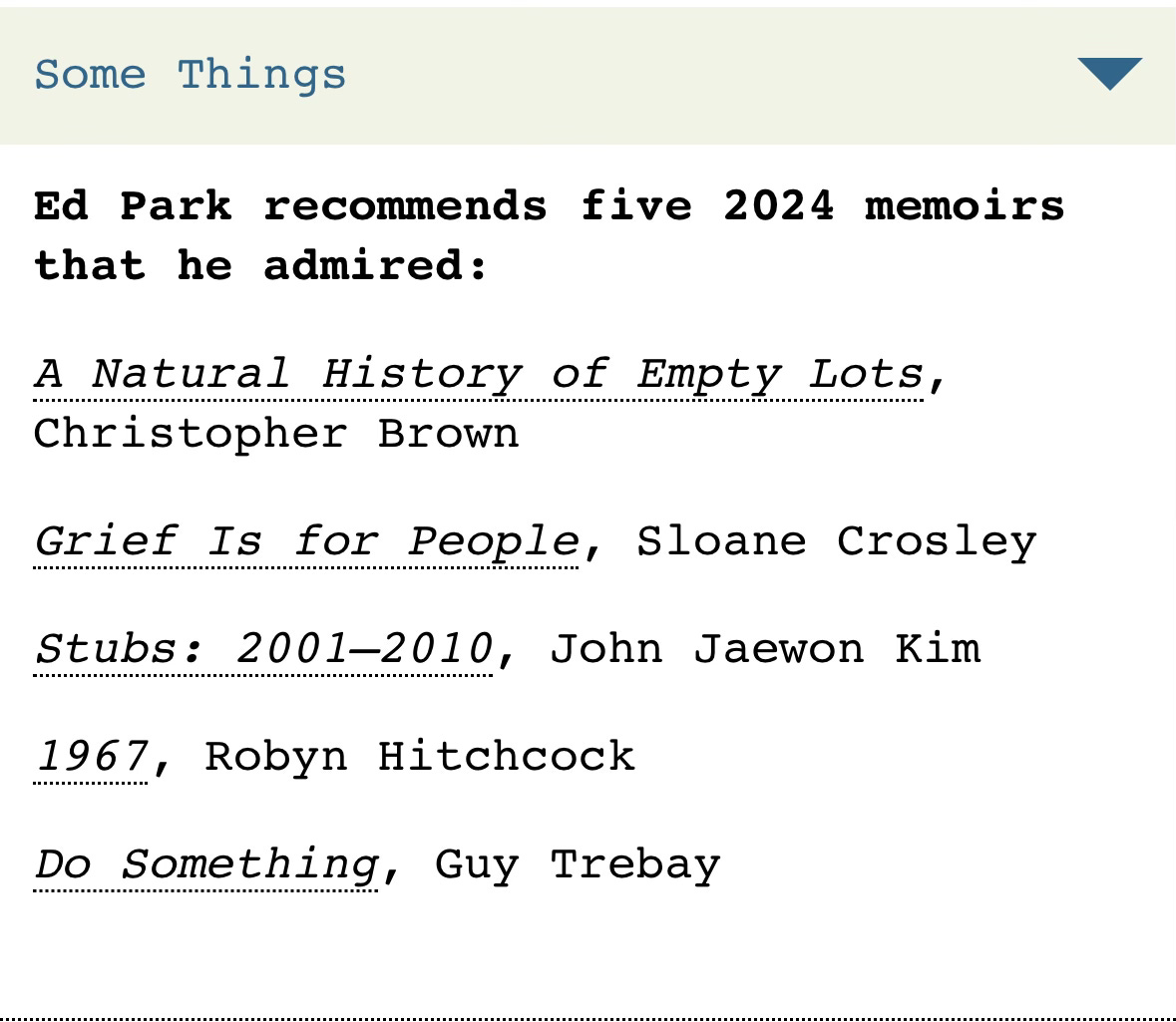 Screenshot of five memoirs Ed Park admired in 2024, from article linked in preceding paragraph