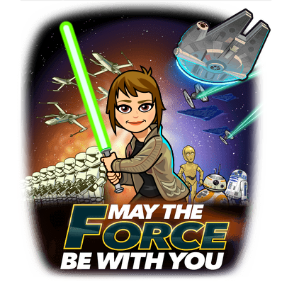 Bitmoji of the author with 70s bowl haircut, wielding a green lightsaber with Troopers, droids and starships behind her: May the Force Be With You.