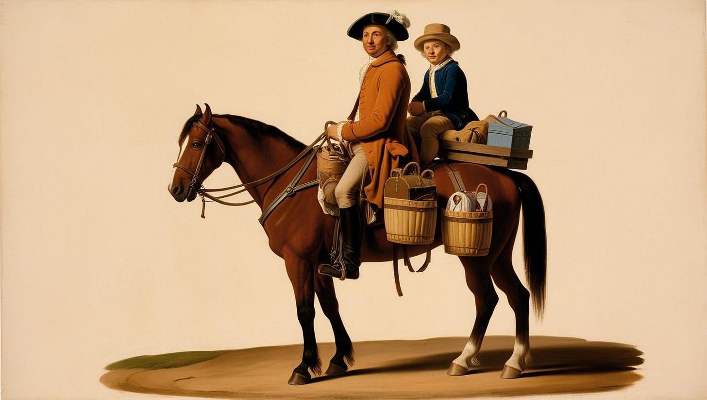 1768 man on horse with boy on back with baskets, bags, and household goods strapped on.