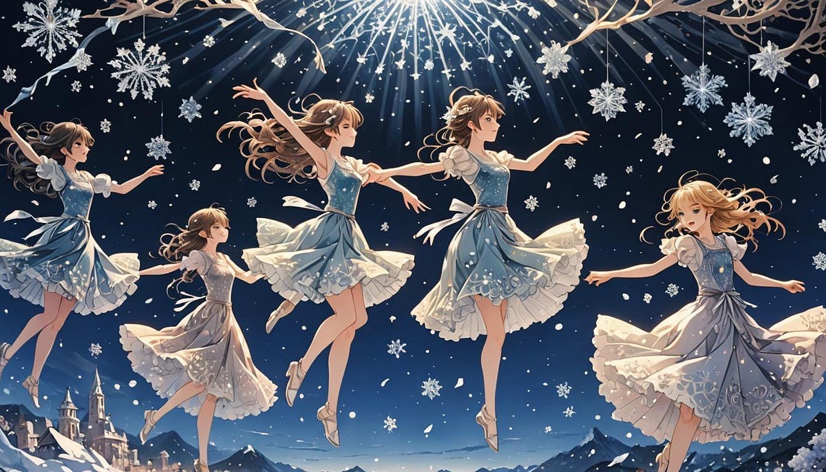 5 anime girls dancing amid snowflakes