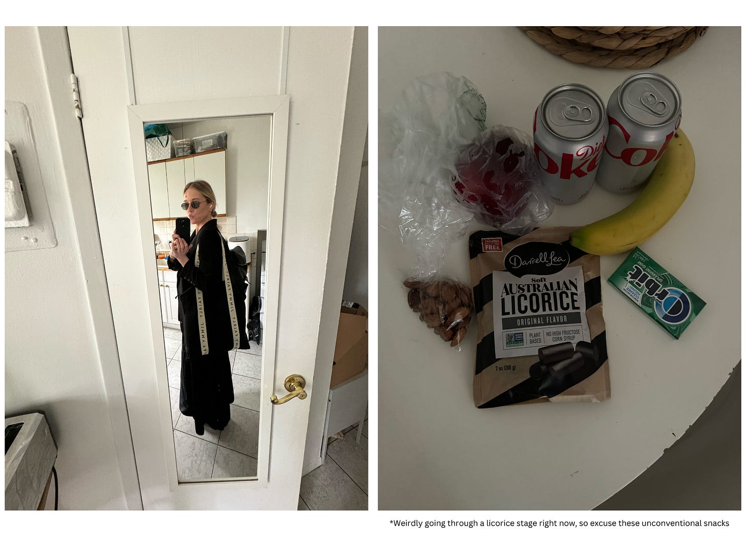 Photo of Katie in mirror and photo of snacks which include Orbit gum, banana, licorice, almonds and diet coke