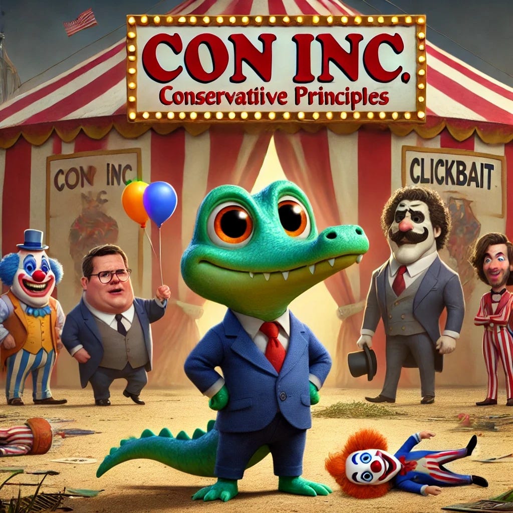 A small, cute, anthropomorphic gator in a Pixar-style animation, dressed in a suit, standing confidently in front of a circus tent labeled 'Undermining Conservative Principles,' which is visibly crumbling and in disrepair. In the background, exaggerated cartoonish caricatures of Andrew Tate and Benny Johnson appear as clowns juggling clickbait symbols, representing grifters undermining the conservative movement. The gator looks determined and unimpressed, highlighting the fight to restore integrity and principles. The circus tent clearly and prominently displays the text 'Undermining Conservative Principles.'