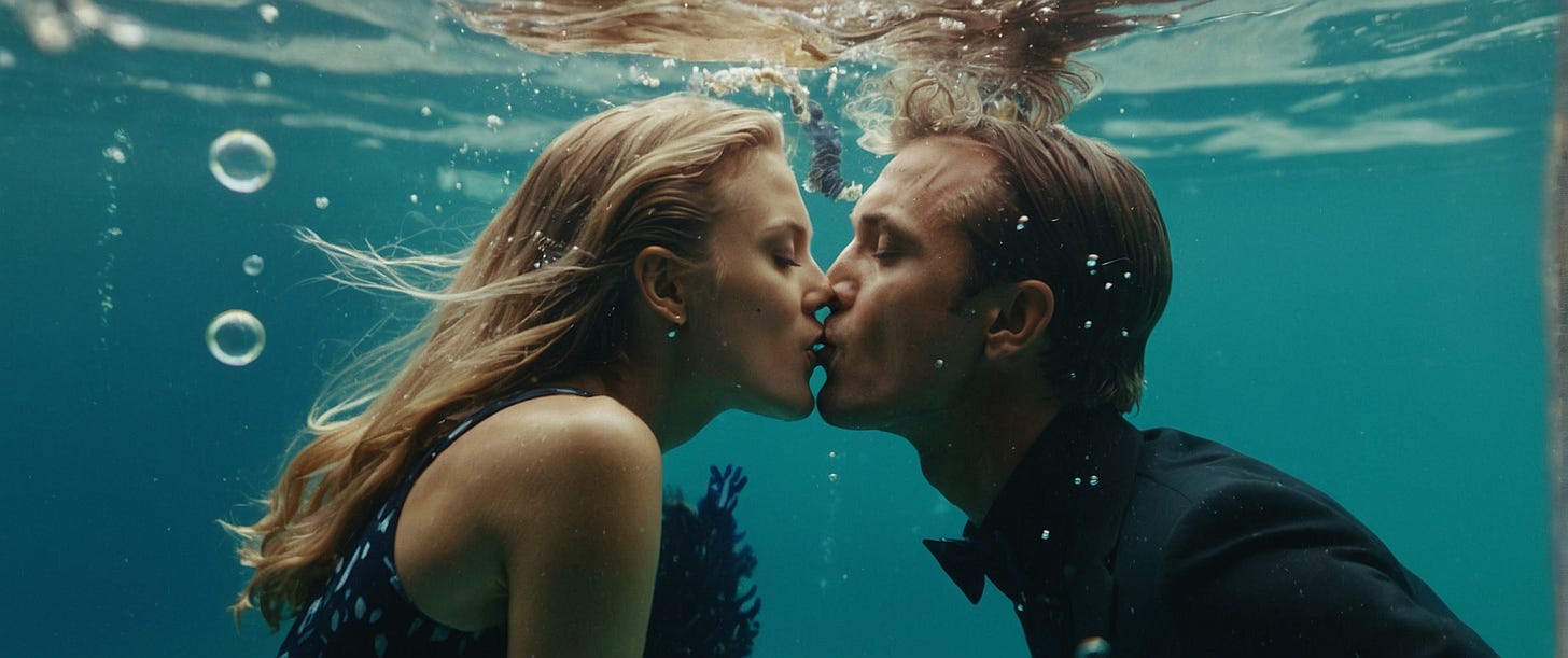 vintage grain photography, underwater kiss, two people kissing underwater, bubbles, motion, fluid, flowing, passion, motion underwater