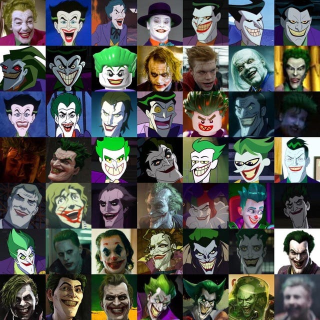 r/batman - a collage of Cameron Monaghan, Cesar Romero, Hiroshi Takahashi et al. with green hair and a clown face