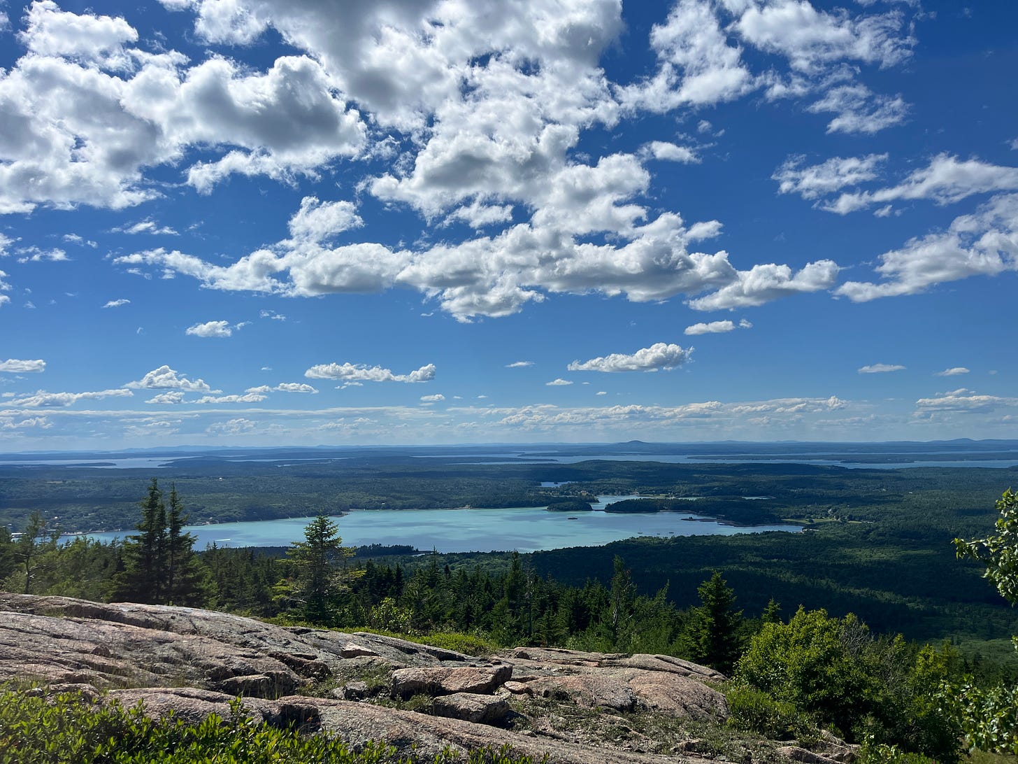 Blue skies dotted with fluffy clouds over several lakes and trees.