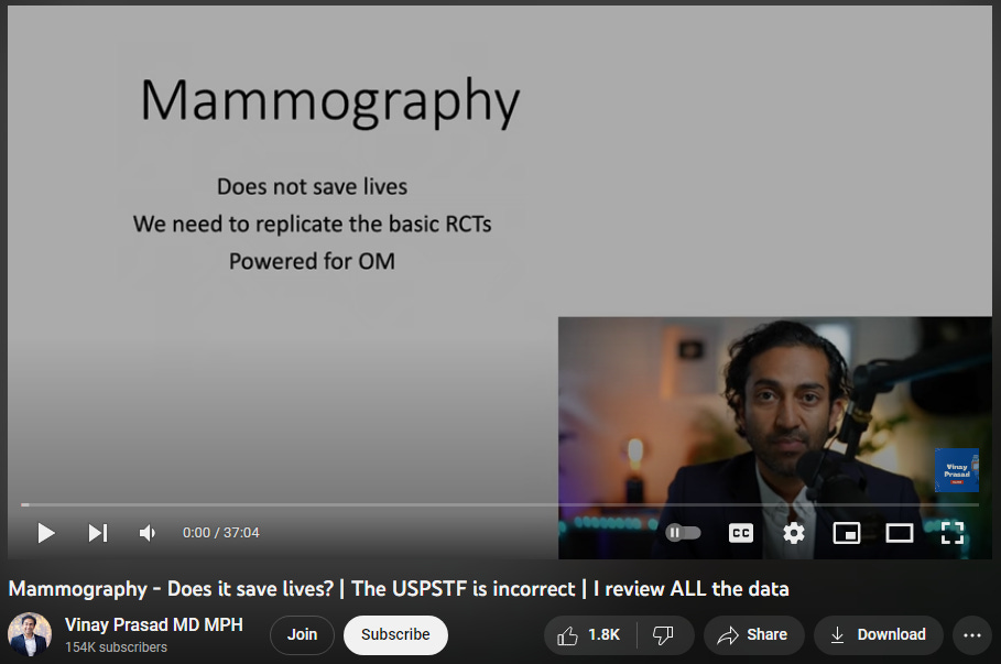 a screencap from vinay prasad's latest video crusading against breast cancer screenings