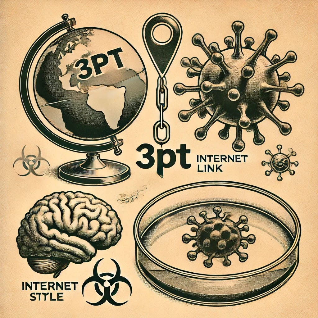 A 1950s style inked illustration featuring a globe, an internet link symbol, a brain, the text '3pt,' and a petri dish with a generic virus depicted in a stylized form. The petri dish is detailed with vintage ink lines, showing a scientific, retro aesthetic. The composition is balanced, incorporating these elements harmoniously. The illustration uses soft shading and a muted color palette typical of mid-century artwork, blending modern scientific themes with a nostalgic 1950s style.