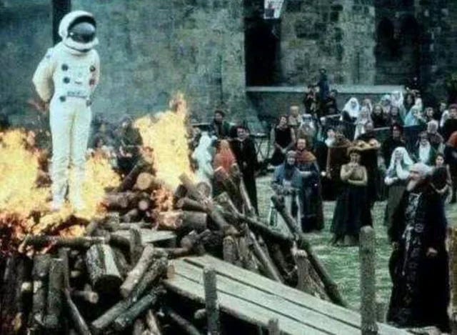 image of an astronaut being burned at the stake