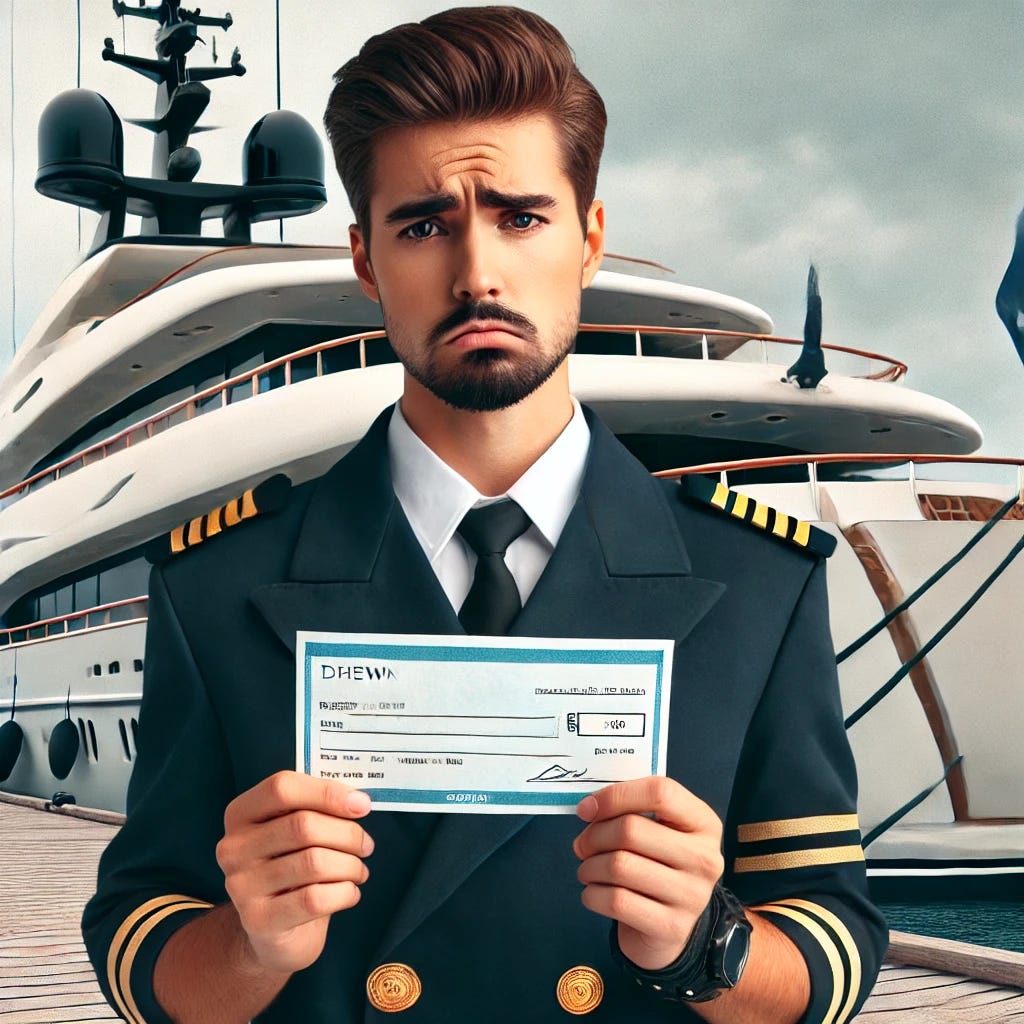 A young yacht crew member in uniform looking disappointed while holding a paycheck. The background features a luxurious yacht, symbolizing the industry’s high earnings, but the crew member’s expression shows dissatisfaction. The atmosphere should reflect financial frustration, with a slightly gloomy or overcast sky.