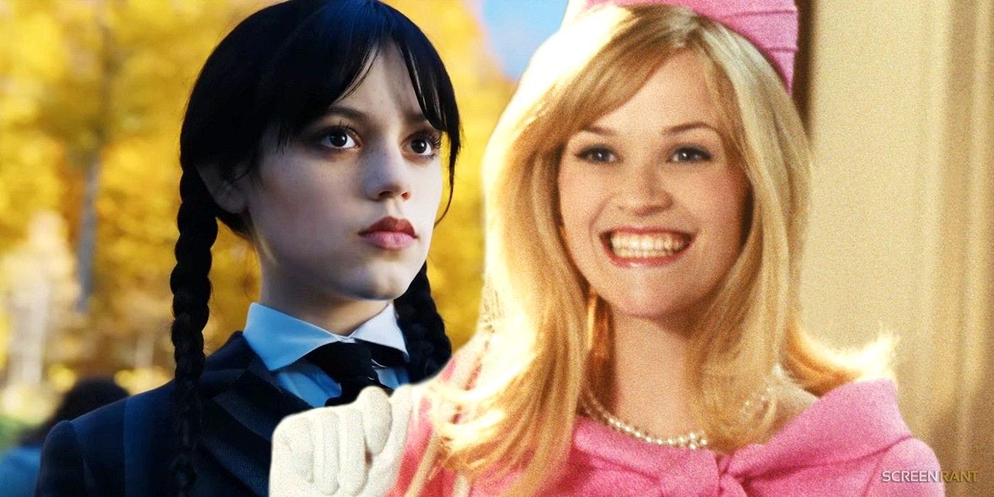 Jenna Ortega as Wednesday Addams in Netflix show superimposed with Reese Witherspoon as Elle in Legally Blonde