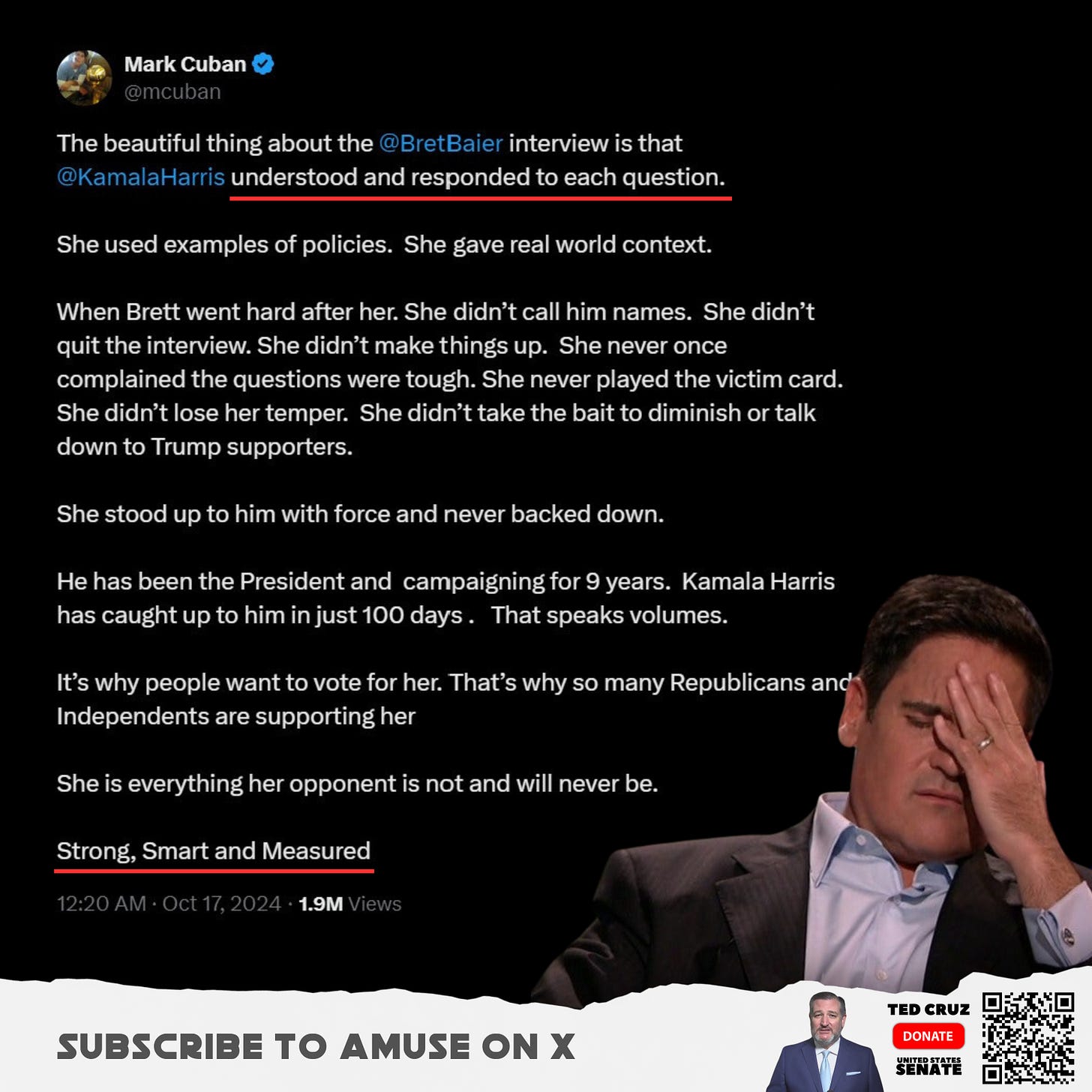 The beautiful thing about the @BretBaier interview is that @KamalaHarris understood and responded to each question.

She used examples of policies. She gave real world context.

When Brett went hard after her. She didn’t call him names. She didn’t quit the interview. She didn’t make things up. She never once complained the questions were tough. She never played the victim card. She didn’t lose her temper. She didn’t take the bait to diminish or talk down to Trump supporters.

She stood up to him with force and never backed down.

He has been the President and campaigning for 9 years. Kamala Harris has caught up to him in just 100 days. That speaks volumes.

It’s why people want to vote for her. That’s why so many Republicans and Independents are supporting her.

She is everything her opponent is not and will never be.

Strong, Smart and Measured