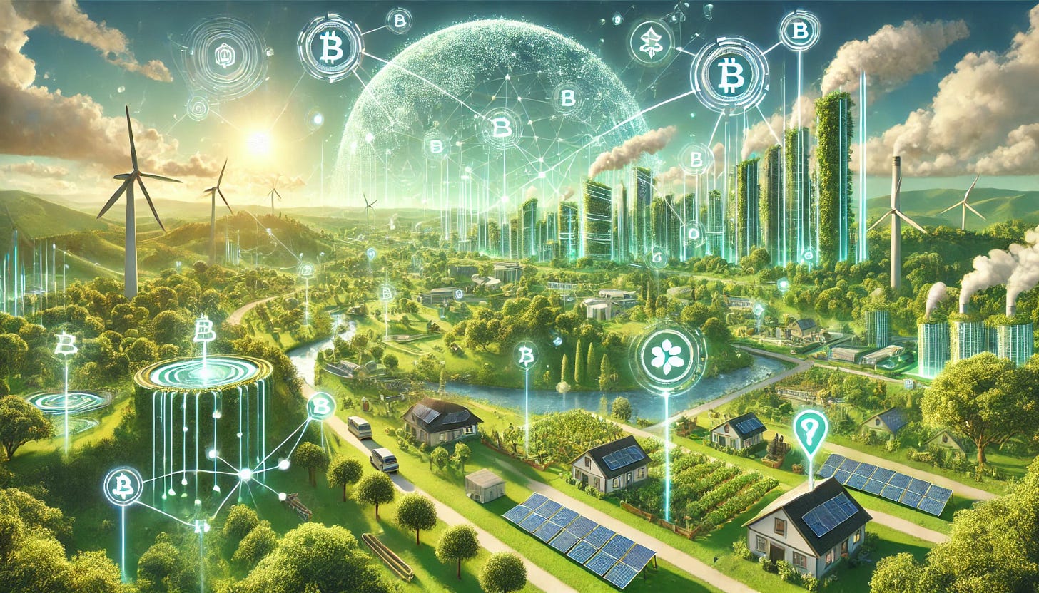 A utopian landscape-oriented illustration of tokenized real-world assets in a futuristic green blockchain ecosystem. The image features a wide, panoramic eco-friendly cityscape with lush greenery, vertical gardens, and clean energy sources like solar panels and wind turbines. Holographic financial charts and digital tokens float over sustainable real-world assets such as smart eco-homes, green energy plants, and electric vehicles. A blockchain network with interconnected glowing nodes spans the skyline, symbolizing transparent and secure digital transactions. The scene exudes a harmonious blend of technology and nature, with a bright and optimistic atmosphere.