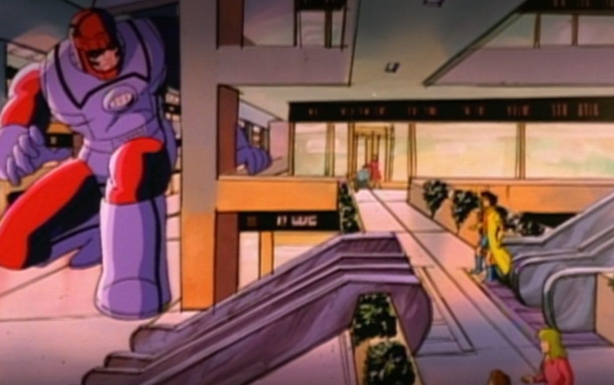 A Sentinel confronts Jubilee in the mall.