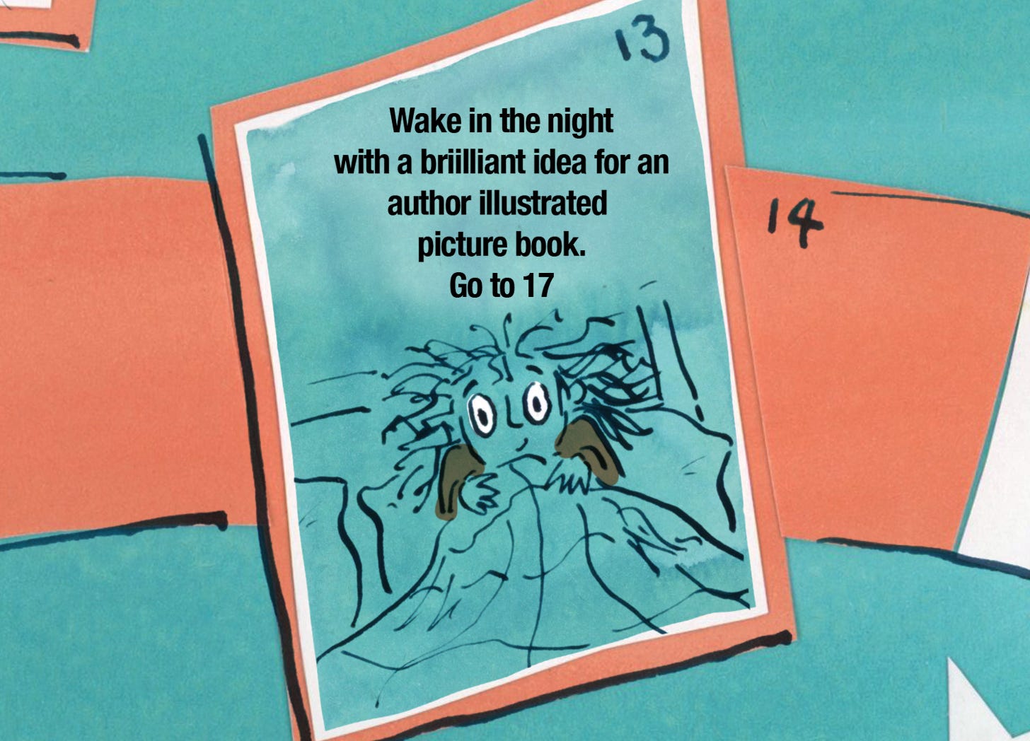 detail image of a board game square. A wide eyed figure sitting up in bed with caption: Wake in the night with a brilliant idea for an author illustrated picture book. Go to 17