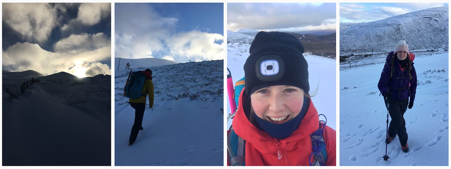 Images: 1. It really was quite sheltered in that area before we rounded the ridge; 2. Alice leading the way on a shaded hill; 3. Me, very happy and rosy; 4. B looking suitably prepared.