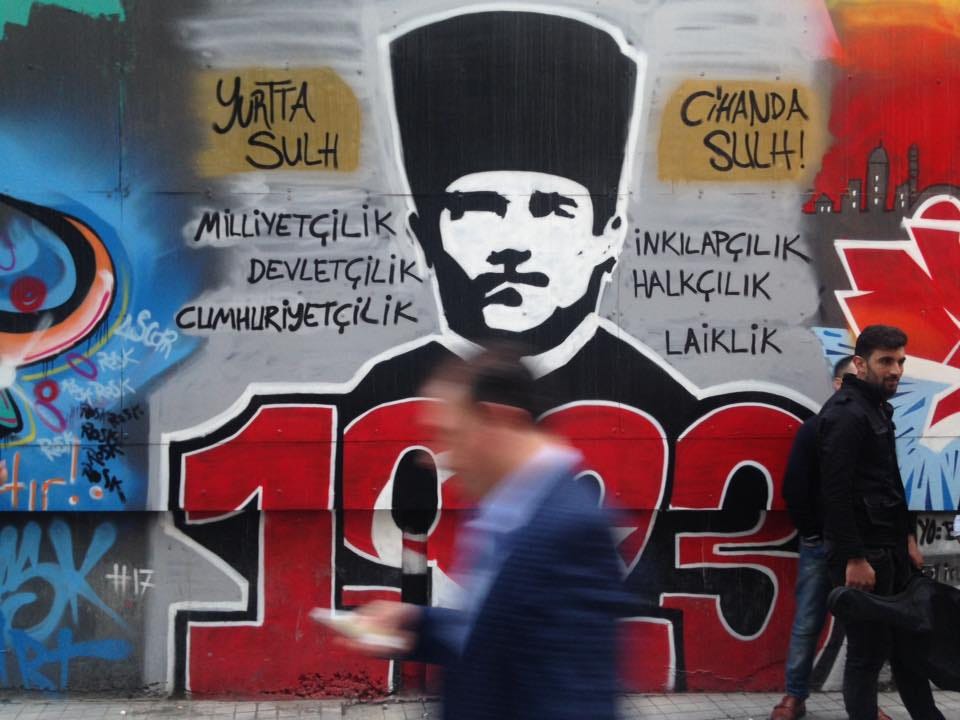 Street graffiti portrait of Mustafa Kemal Ataturk in Istanbul. The text shows the "Six Arrows" principles of Kemalism: Republicanism, Nationalism, Statism, Populism, Secularism, and Revolutionism. Street graffiti portrait of Mustafa Kemal Ataturk in Istanbul. The text shows the "Six Arrows" principles of Kemalism: Republicanism, Nationalism, Statism, Populism, Secularism, and Revolutionism.