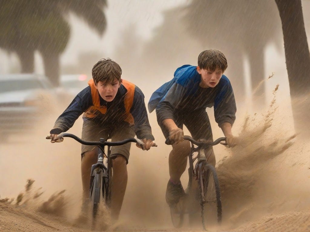 two boys ride into a sand storm