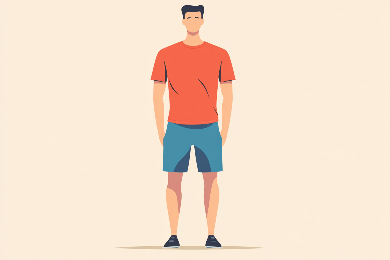 Flat illustration of a man wearing a red t-shirt and blue shorts