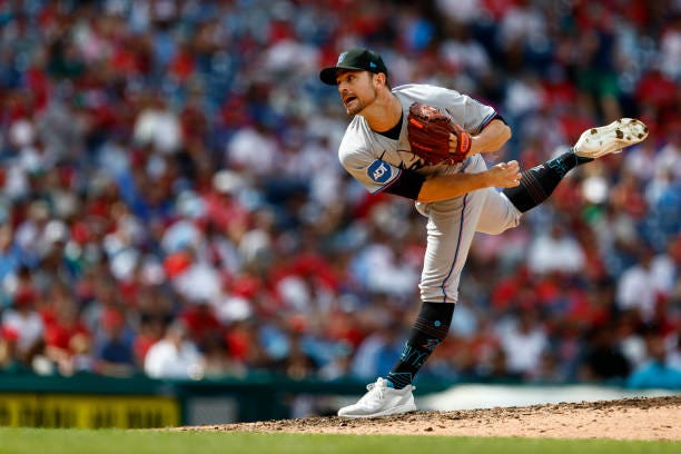 David Robertson of the Miami Marlinsin action against the Philadelphia Phillies during a game at Citizens Bank Park on September 10, 2023 in...