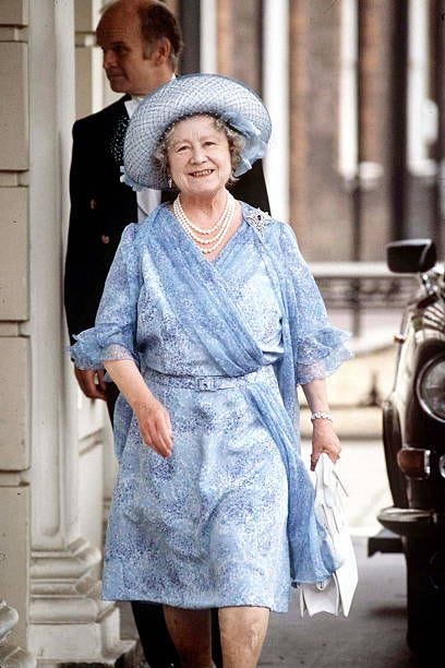 The Queen Mother in a pastel blue outfit outside Clarence House on her 83rd birthday, 4 August 1983. The Queen Mother in a pastel blue outfit outside Clarence House on her 83rd birthday, 4 August 1983.