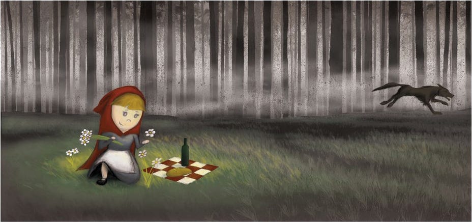 Digital painting of Little Red Riding Hood picking flowers next to a checkered square of picnic cloth with a piece of bread and a bottle of wine on it. Stands of trees dominate the foggy background and a wolf runs through them to Grandma's house.