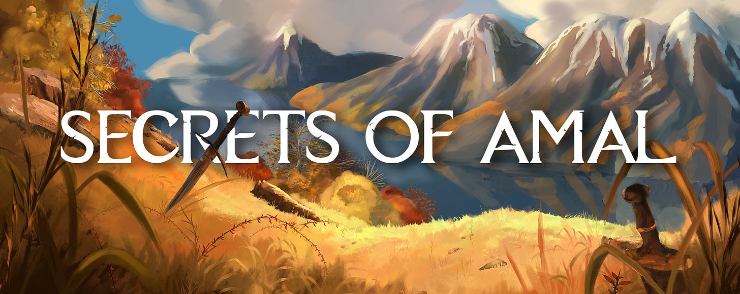 The 'Secrets of Amal' logo atop the background of mountains, with two swords abandoned in a hilly clearing.