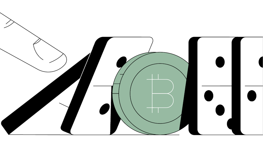 Illustration of a Bitcoin coin stopping a falling row of dominoes, symbolizing Bitcoin’s role in financial risk, stability, or disruption