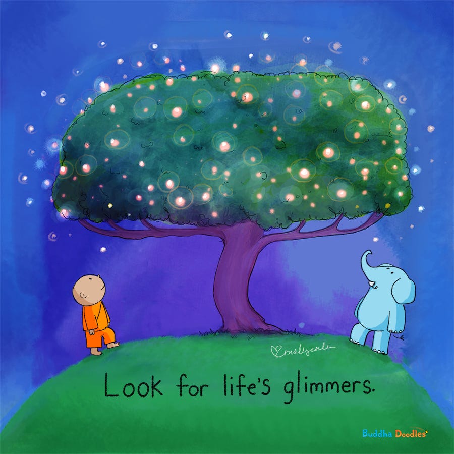 Glimmers ♥ Image description: It is nighttime, and Ooty and Zed are looking  up at a tree. There are dozens of glowing fireflies ar… | Buddha doodle,  Doodles, Buddha