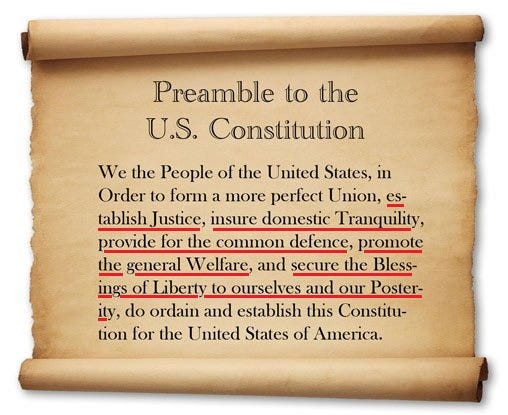 The Preamble lists five duties: establish justice, insure domestic tranquility, provide for the common defense, promote the general welfare, and secure the blessings of liberty to ourselves and our posterity.