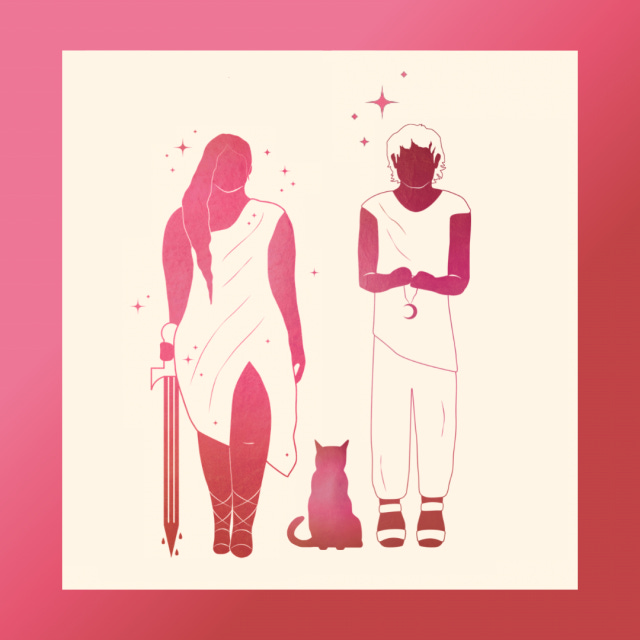  Images of Gia and Milo from the book jacket. Gia, and a slightly-nervous but determined teenage boy in a tunic, pants, and sandals holds a crescent moon icon on a chain. A cat sits between them