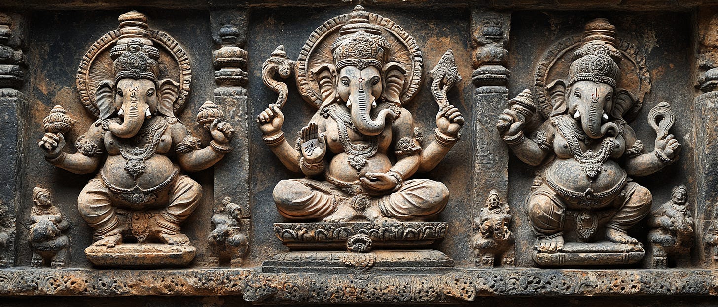 Intricately carved stone relief depicting three statues of the Hindu deity Ganesha, each in different poses, adorned with traditional ornaments and surrounded by smaller figures. The artwork showcases detailed craftsmanship with elaborate headdresses, multiple arms, and symbolic items, highlighting Ganesha's divine and auspicious nature.