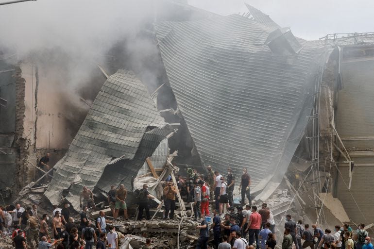 Rescuers work at Ohmatdyt Children's Hospital 