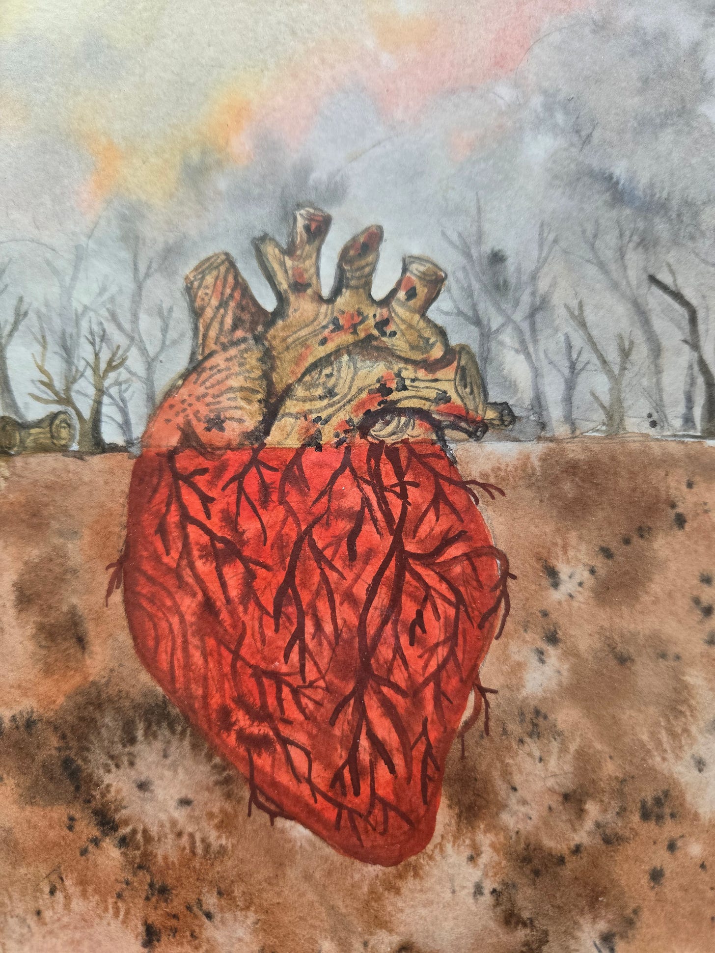 A drawing of a heart buried in the earth. The bottom part is red and vibrant while the part outside of the earth is shriveled and sick in front of dead trees and smoke A drawing of a heart buried in the earth. The bottom part is red and vibrant while the part outside of the earth is shriveled and sick in front of dead trees and smoke