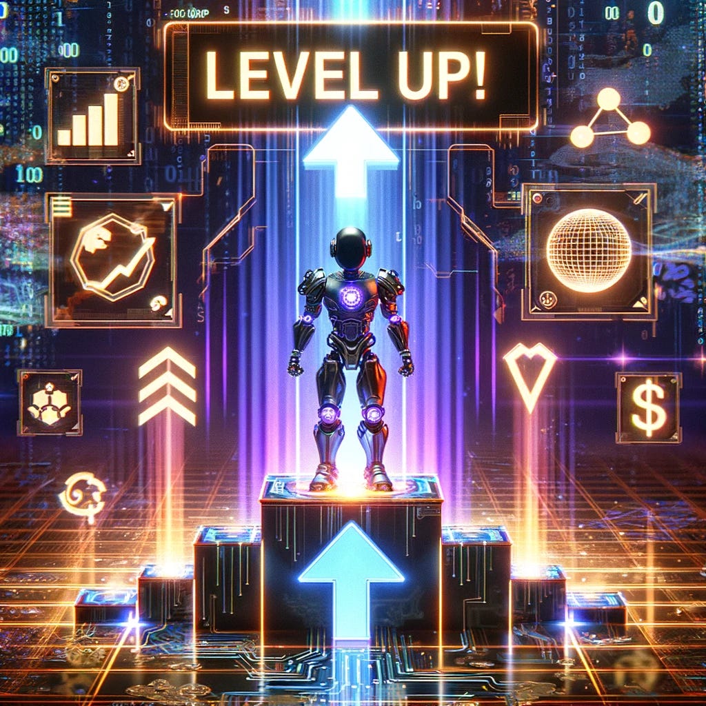 Visualize a trading algorithm represented as a futuristic robot, surrounded by dynamic digital effects and icons symbolizing stock market elements like graphs and currencies. The scene is set in a virtual space, resembling a video game, where the robot stands on a podium that glows with neon lights. Above the robot, a large, glowing 'Level Up!' sign hovers, emphasizing the video game-like progression. The background is filled with abstract digital patterns and binary code streams, highlighting the high-tech environment. This image captures the moment of the algorithm advancing to a new level of capability and performance.