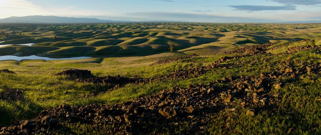 The rolling hills of Black Butte Lake in N. CA at sunset.