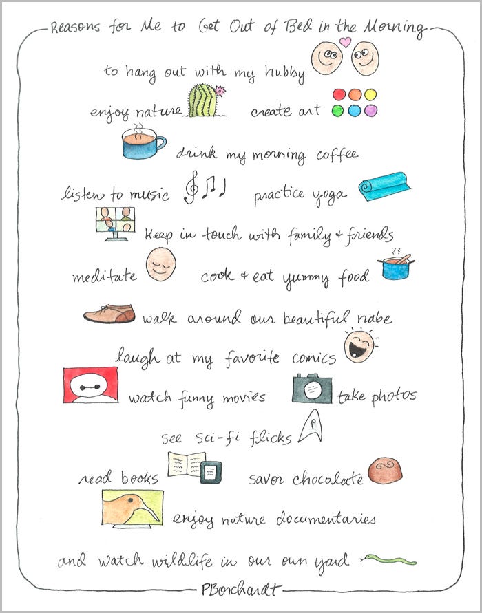Reasons for Me to Get Out of Bed in the Morning (pen & watercolor), including nature, music, friends, family, coffee, chocolate, etc.