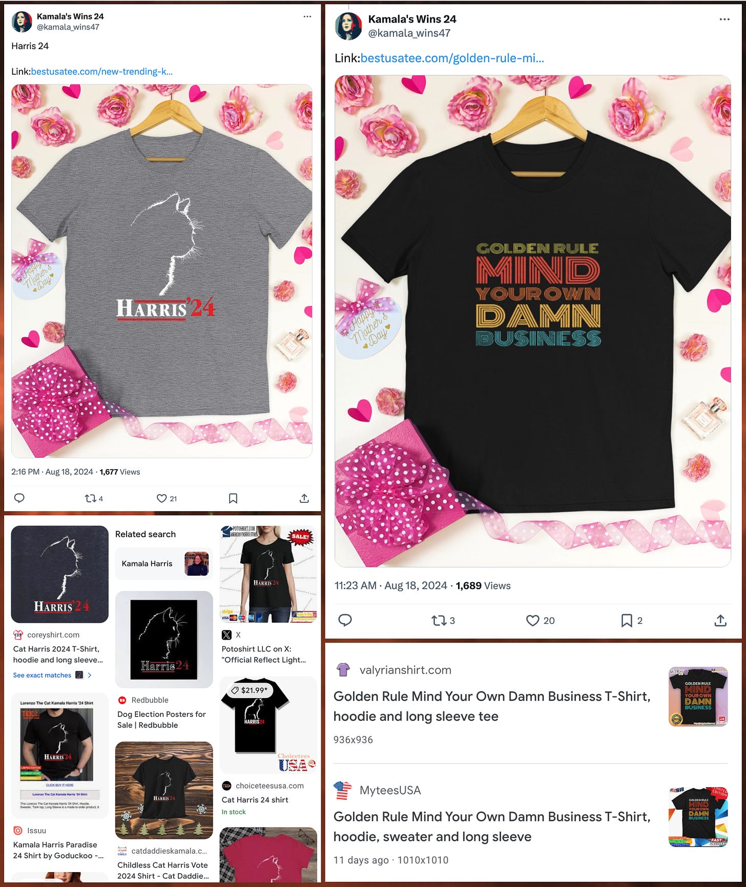 images of two t-shirts sold by @kamala_wins47, and reverse image searches showing that the designs have been used on other garments