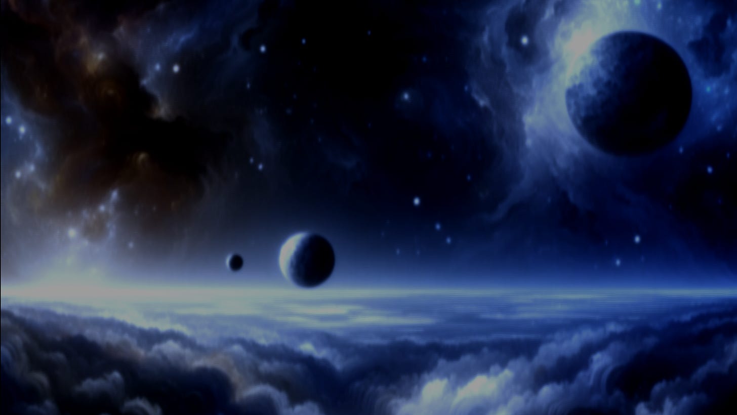 AI generated spacescape depicting late stage thermodynamic decay of our local universe