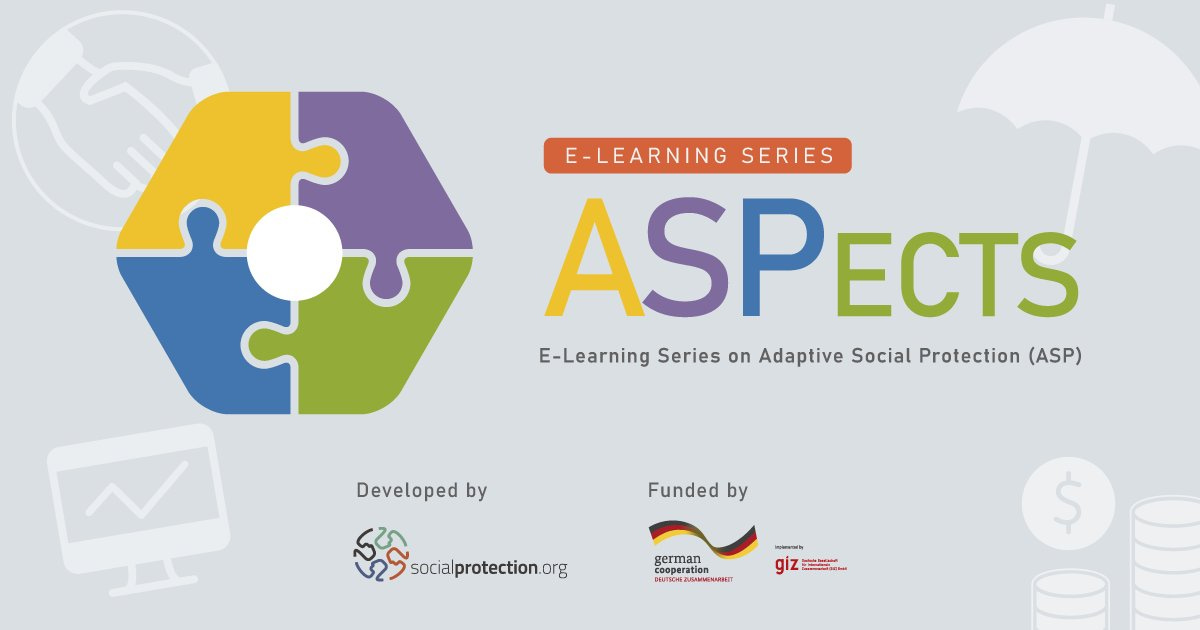 An image with four stylized puzzle pieces and the text "ASPects: e-learning series on adaptive social protection (ASP), developed by socialprotection.org and funded by GIZ"