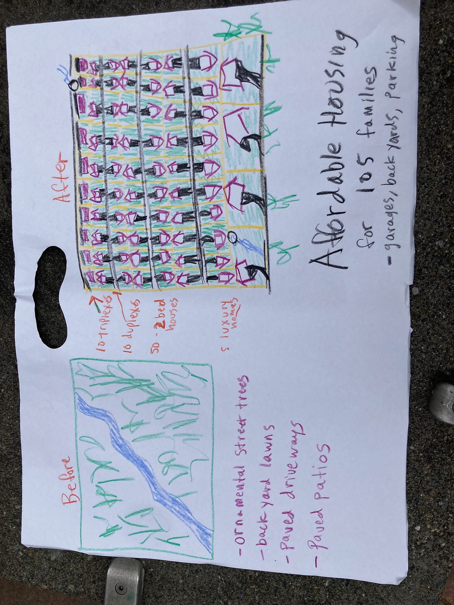 A crayon drawing (sideways) of a patch of woods with a creek, and rows of houses with big driveways.