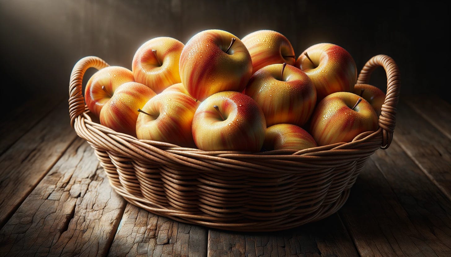 Photo in 4K resolution showcasing a detailed and realistic woven basket placed on a rustic wooden table. The basket is filled with glistening golden russet apples, each with their unique rough and russeted skin texture. The lighting accentuates the apples' rich color and texture.