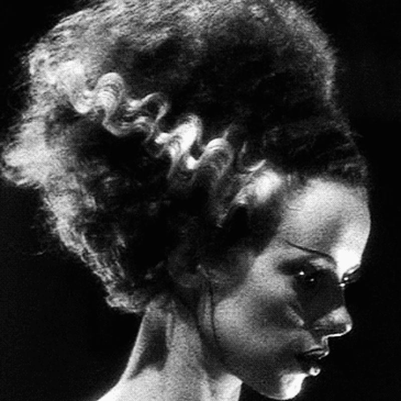 Animated gif. Close-up of Elsa Lanchester as the Bride of Frankenstein. She turns her head jerkily