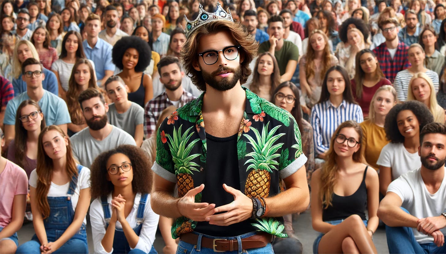 A 30-year-old white man with medium-length wavy brown hair and a beard, wearing a Hawaiian shirt over a black tank top and blue jeans. He has thin-framed rectangular glasses and is wearing a crown. He is speaking to a very diverse crowd of educated and attractive people, who are attentively listening. The scene is lively and full of engagement, with various ethnicities and genders represented in the crowd.