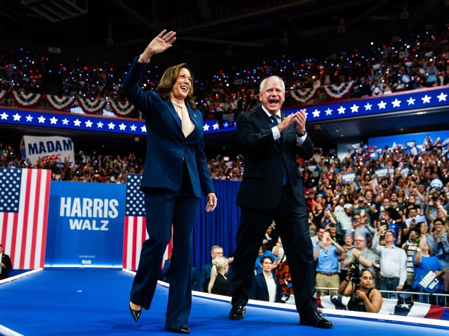 Vice President Harris and Democratic vice presidential nominee Minnesota Gov. Tim Walz appear at a campaign event in Philadelphia on Tuesday.