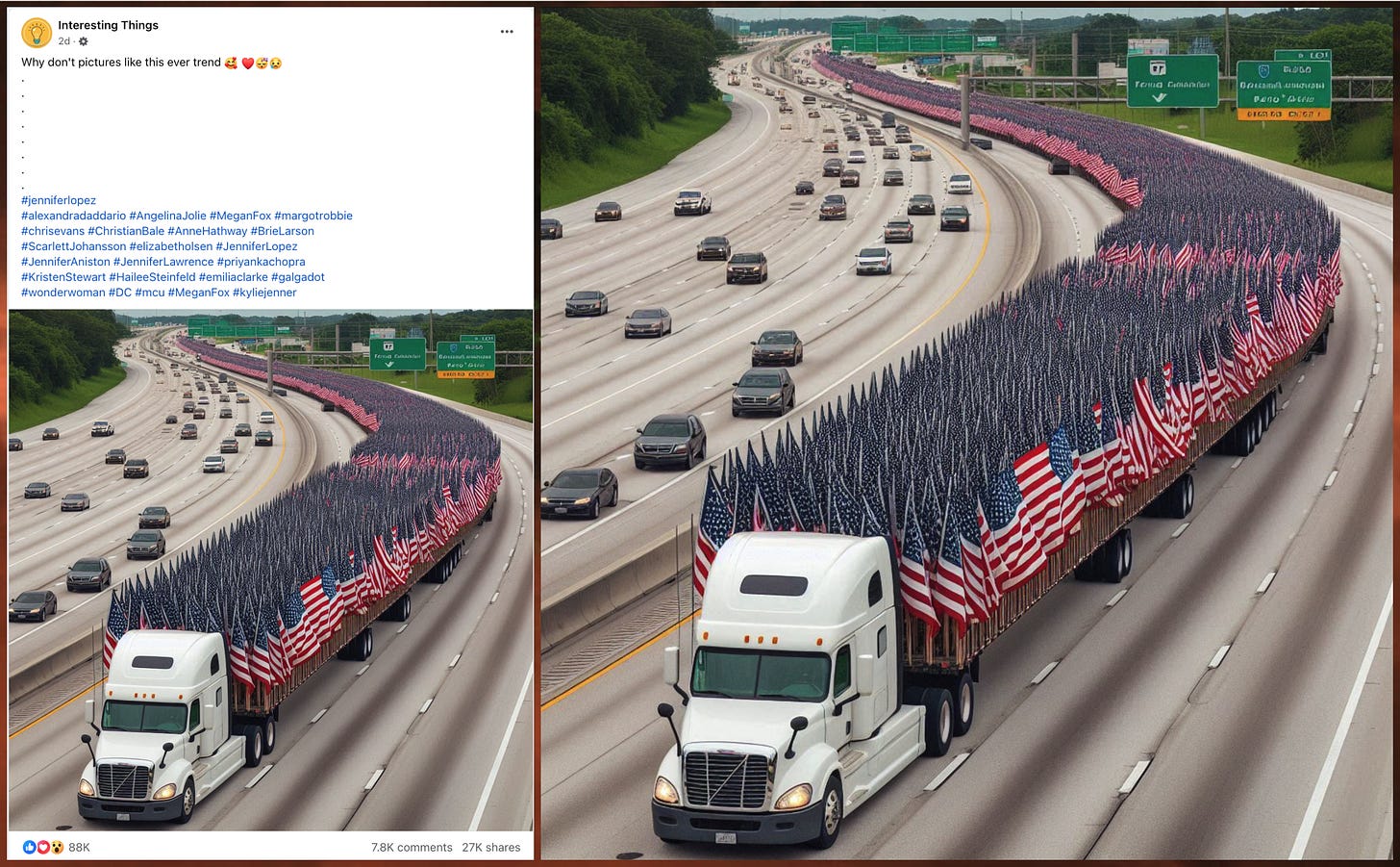 screenshot of a Facebook post with an AI-generated image of a freeway with a massive truck covered in U.S. flags driving in the wrong direction