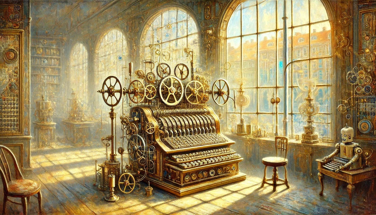 An impressionistic oil painting representing artificial intelligence using elements from the early 1900s European aesthetic. The scene is set in a softly lit room filled with dappled sunlight streaming through large windows. At the center, a vintage mechanical device resembling an early calculating machine or typewriter is surrounded by intricate cogs, levers, and brass components, symbolizing the concept of AI. The window view showcases elements of Old Copenhagen from the 1900s, including cobblestone streets, gas lamps, and ornate facades of historic buildings, adding to the nostalgic atmosphere. Subtle, abstract details such as flowing patterns and neural-like designs are woven into the environment to hint at advanced intelligence. The atmosphere is tranquil and nostalgic, with a pastel-like color palette of soft yellows, blues, and greens, evoking a peaceful, sunny day. The brushstrokes are reminiscent of Fritz Syberg's style, emphasizing harmony and the blending of old and new. Wide aspect.