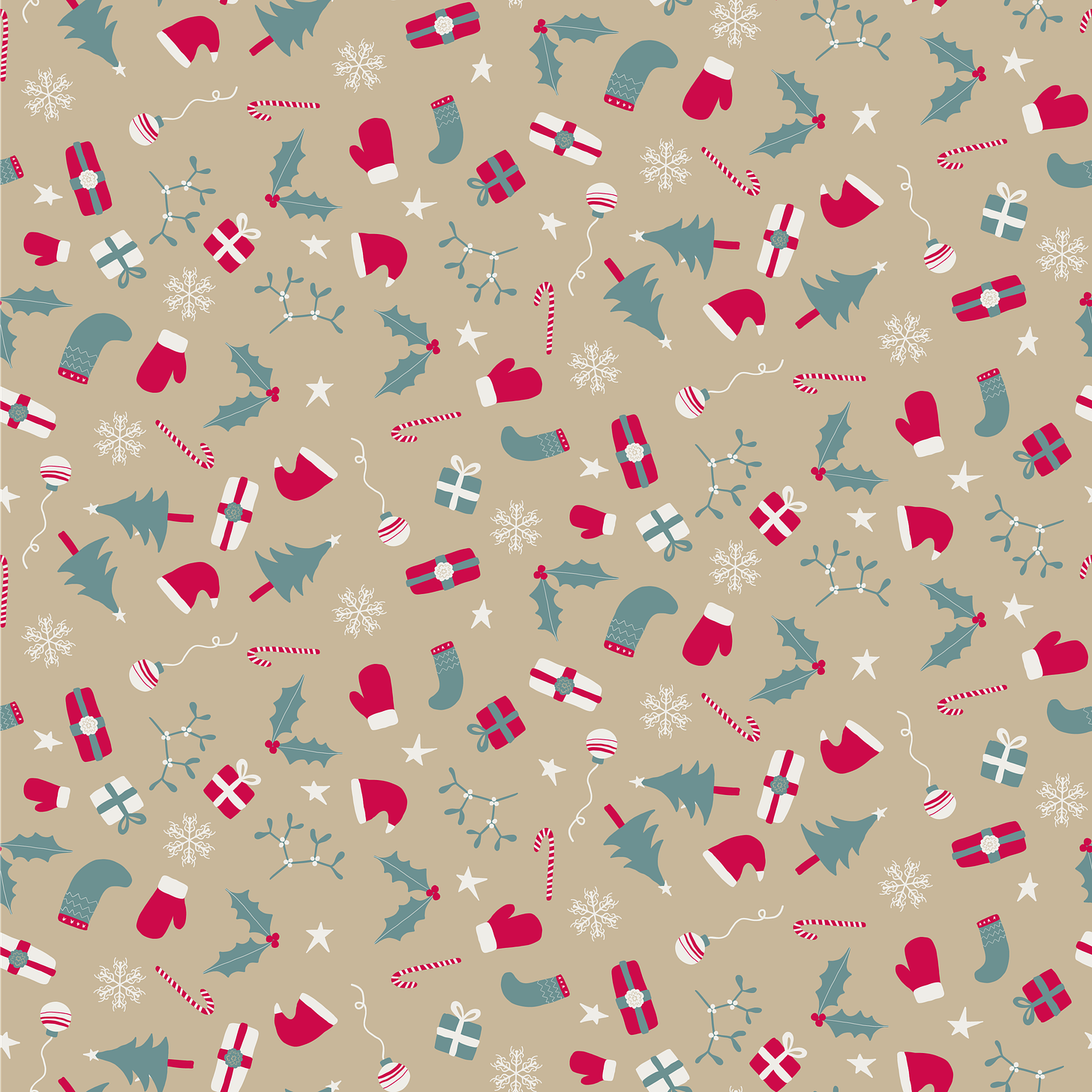 Ditsy Christmas pattern with a beige background and muted green, dark pink and off white motifs including Christmas trees, Santa hats, holly, mistletoe, snowflakes, baubles, candy canes and gifts. 